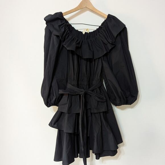 Ulla Johnson Giselle Ruffled Puff Sleeve Mini Dress Size 4 Black Noir Preowned - Picture 2 of 6